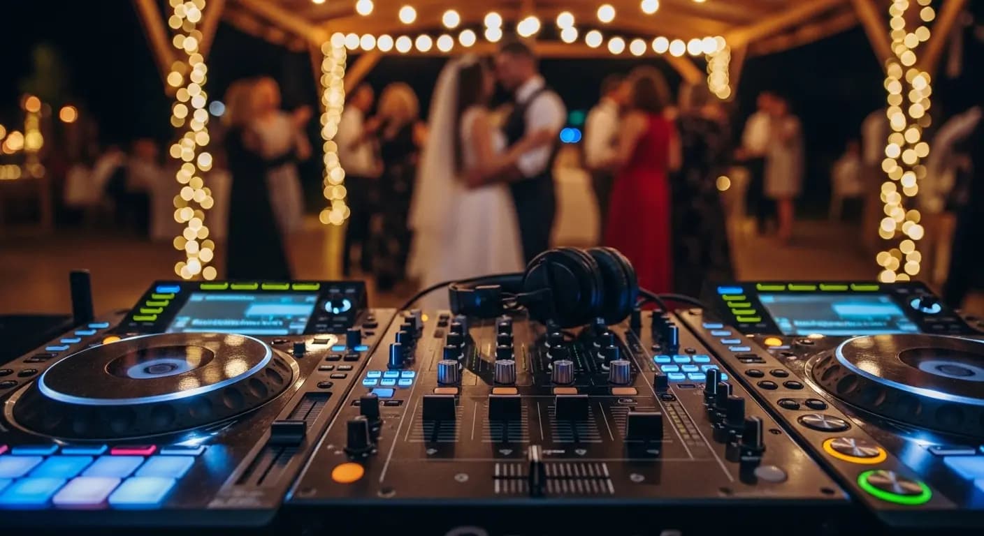 DJ equipment with vibrant stage lighting at a live event